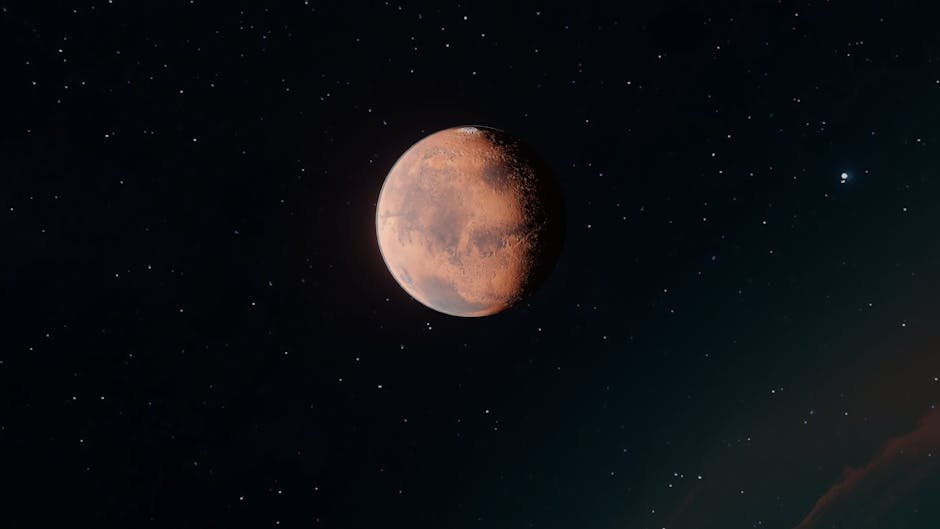 Close-up of Mars against a backdrop of the starry night sky, showcasing its unique terrain.