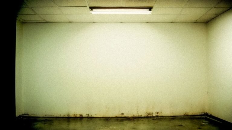 Moody grunge-style room with stained walls and fluorescent ceiling light.
