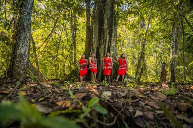 Portrait of indigenous women in traditional attire in the lush forests of San Martín, Perú.