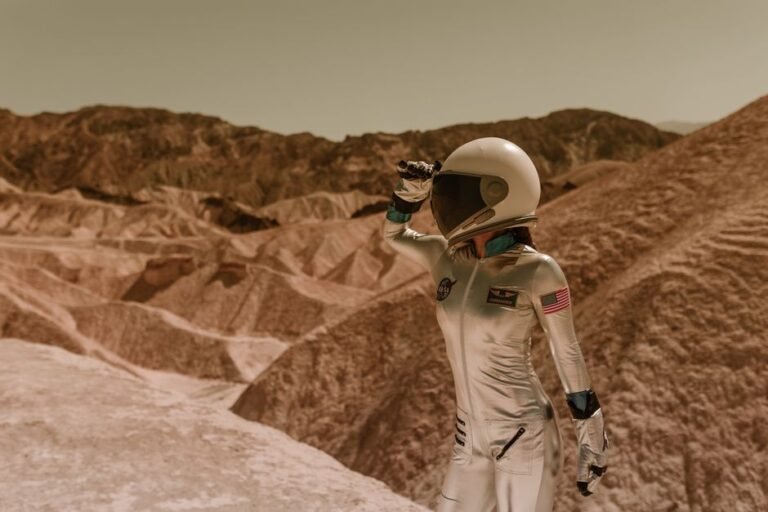 A woman in an astronaut suit exploring a barren, rocky desert landscape, evoking a space exploration theme.