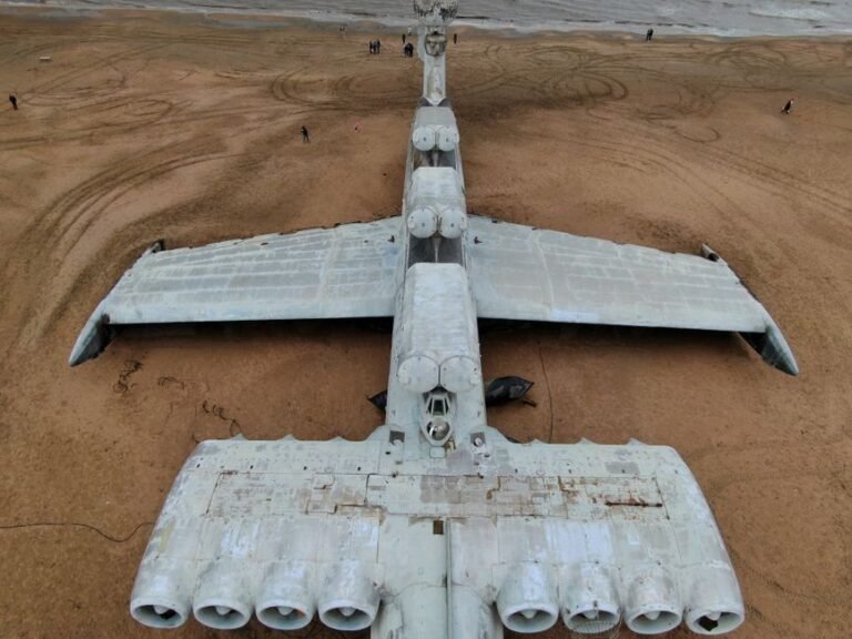 Aerial shot of the Lun-class ekranoplan resting in a Dagestan desert, showcasing its innovative Soviet design.
