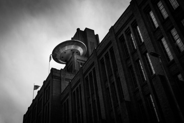 Dramatic monochrome shot of a modern building in Utrecht, Netherlands.