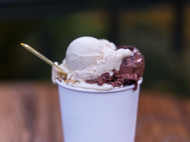Close-up of vanilla and chocolate ice cream in a white cup with a spoon. Perfect summer dessert.