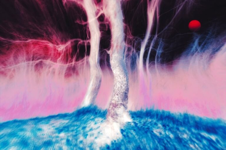 Dreamlike abstract image featuring vivid colors and distorted tree forms against a cosmic background.