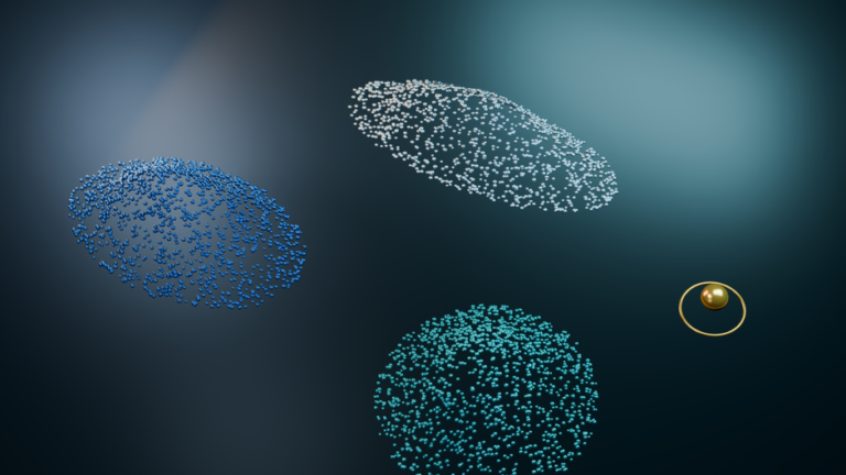 Dynamic 3D rendering of abstract particles and spheres in a futuristic style.