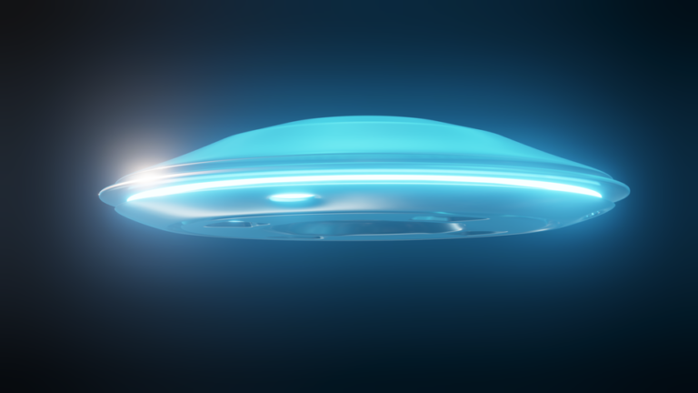 A glowing UFO with bright lights flying in a dark, mysterious sky.