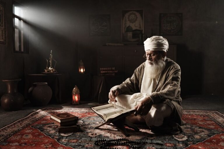 An elderly man reads the Quran in a traditional indoor setting, illuminated by soft lighting.