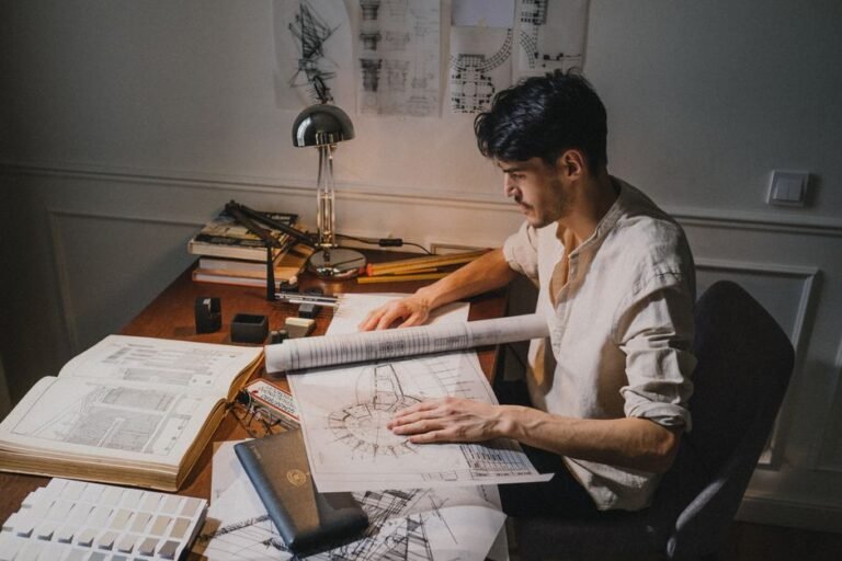 Young architect at a desk working on blueprint designs under lamp light.